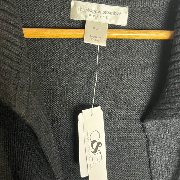 Christopher & Banks Womens M Petite Open Front Longline Snowflake Cardigan Black - Picture 5 of 7